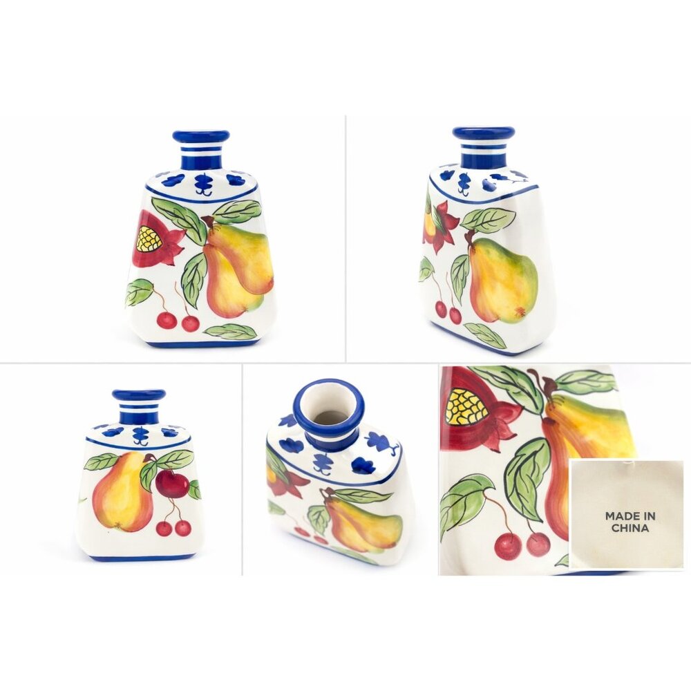 Tuscan Style Ceramic Fruit Vase Bottle Pear Cherry 8.25” Mediterranean Decor